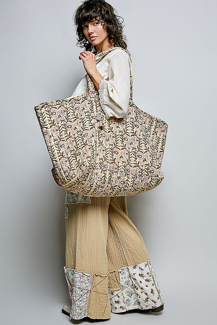 Ribbon-Tie Quilted Floral Jumbo Tote Bag - Honey by POL