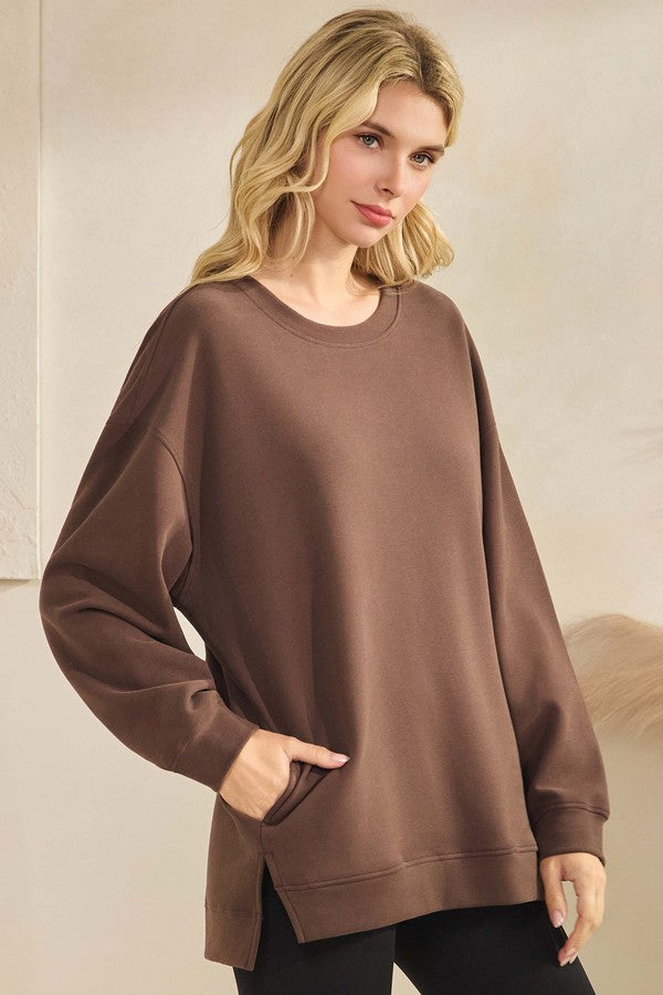 Long Sleeve Top With Side Pockets - Coffee by Yelete