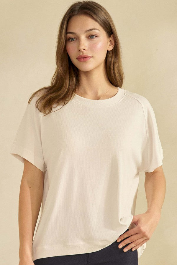 Everyday Soft Ribbed Loose Fit Short Sleeve Top - White by Yelete