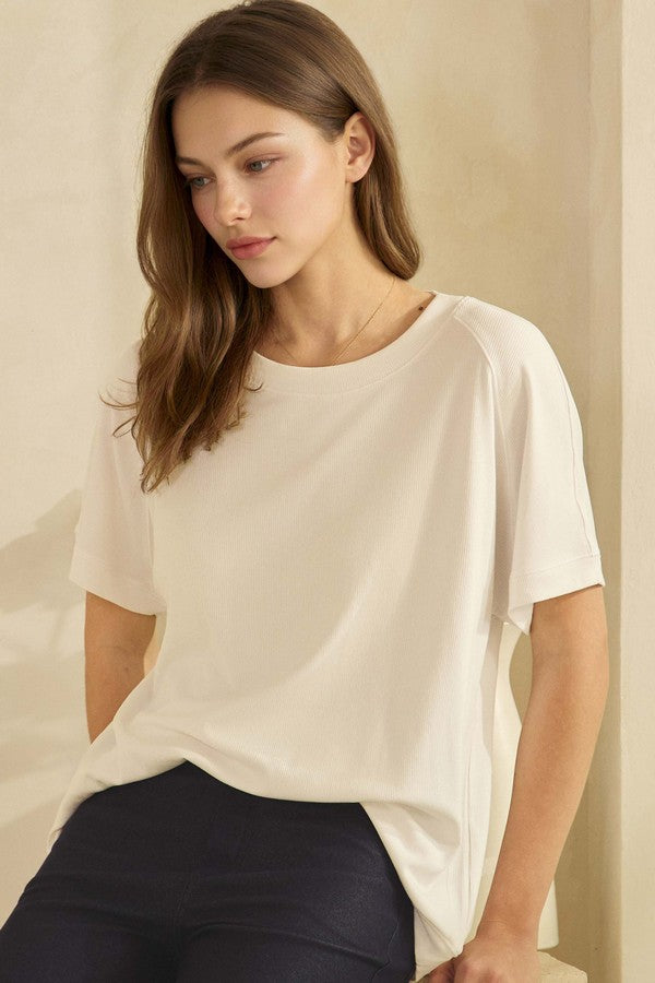 Everyday Soft Ribbed Loose Fit Short Sleeve Top - White by Yelete