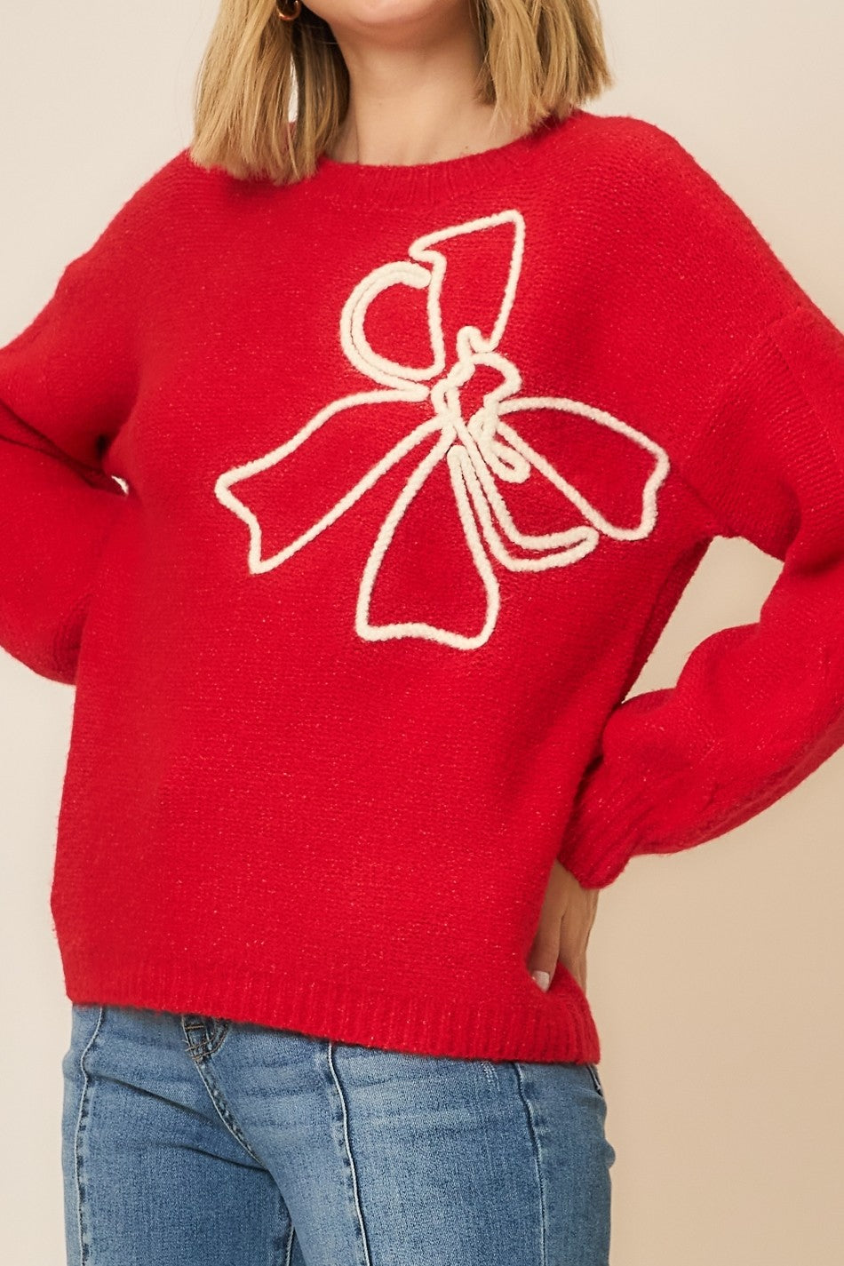 Brushed Embroidered Bow Sweater - Red by Cozy Co