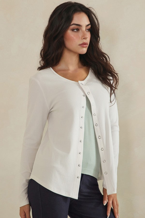 Pure Comfort Luxeair Ribbed Button Up Cardigan - White by Yelete