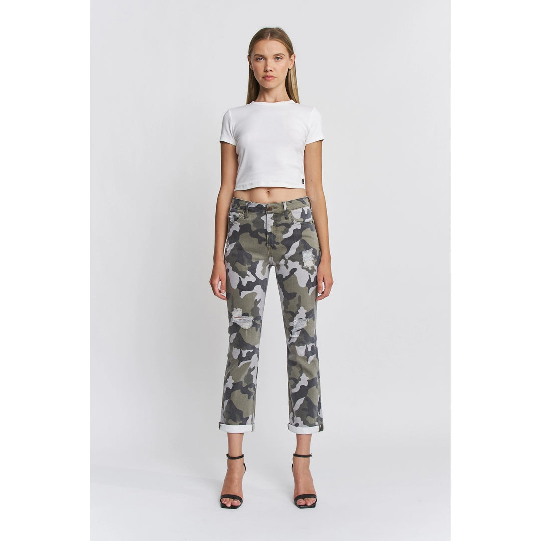 Camo Print High Rise Straight Crop Pants By Mica Denim