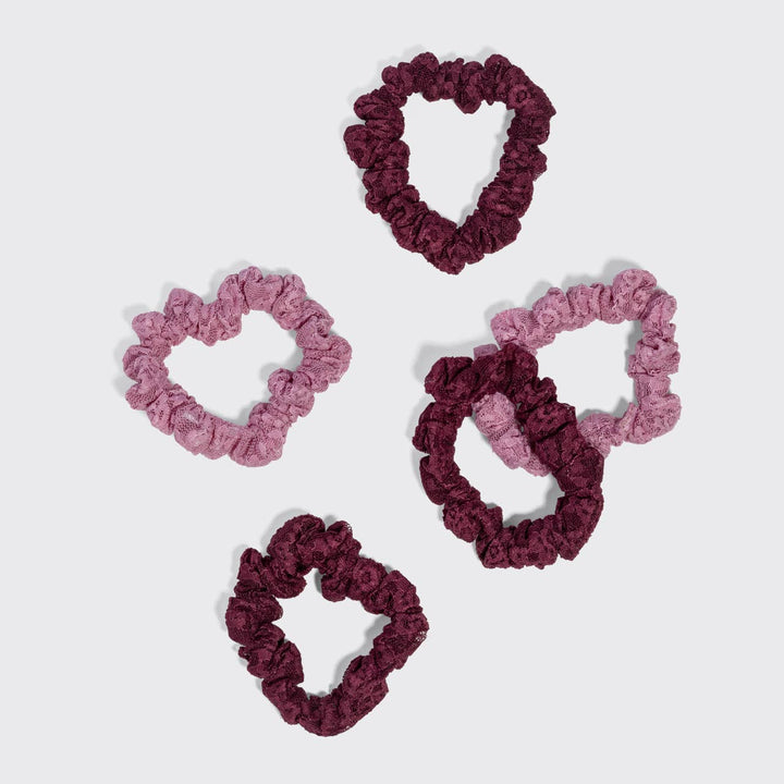 Ruched Lace Scrunchies 5pc Set - Cherry Lacquer & Dusty Pink