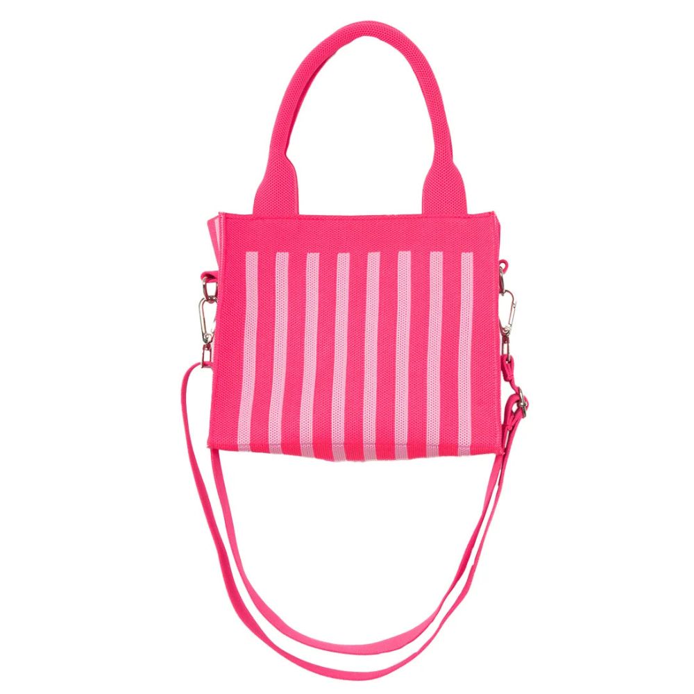 Hot pink and white stripe mesh mini tote bag with padded top handles and detachable hot pink crossbody strap, front view.
