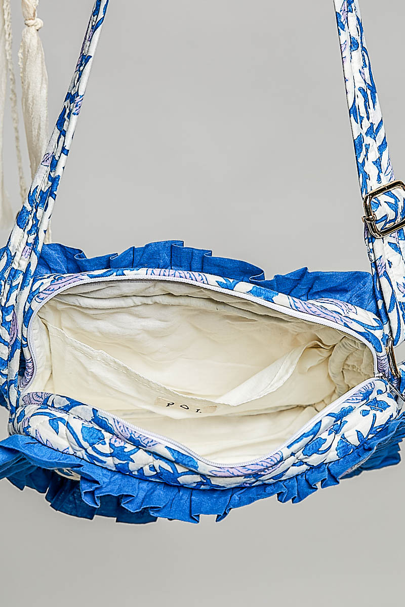 APRIL ARRAY: Blue Floral Ruffle Crossbody Bag by POL (Ships Late June)