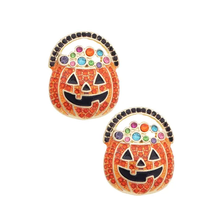 JUNE PREORDER: Bejeweled Jack-O'-Lantern Stud Earrings in Orange & Black by Canvas (Ships in September)