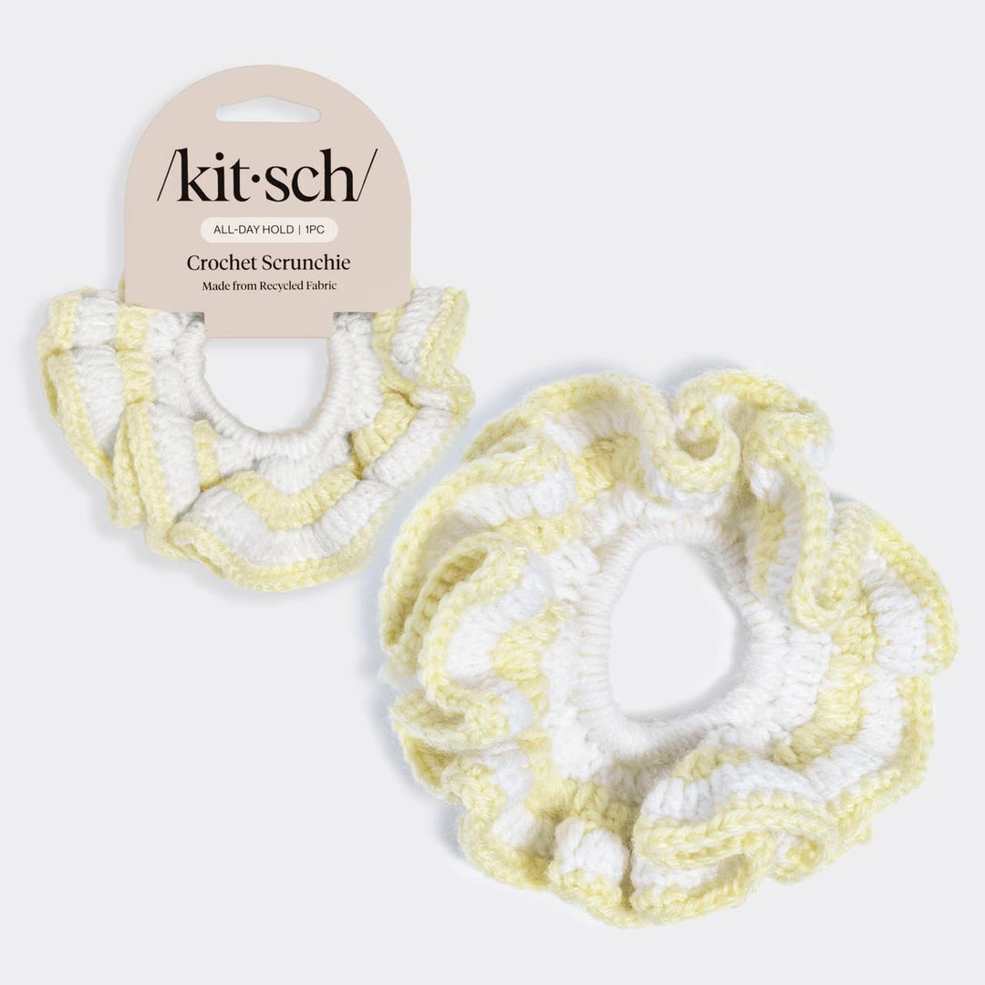 Kitsch Crochet Scrunchie in butter yellow and white stripe, shown next to its retail packaging card labeled "All-Day Hold | 1PC, Made from Recycled Fabric,"