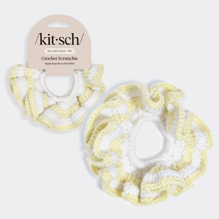 Kitsch Crochet Scrunchie in butter yellow and white stripe, shown next to its retail packaging card labeled "All-Day Hold | 1PC, Made from Recycled Fabric,"