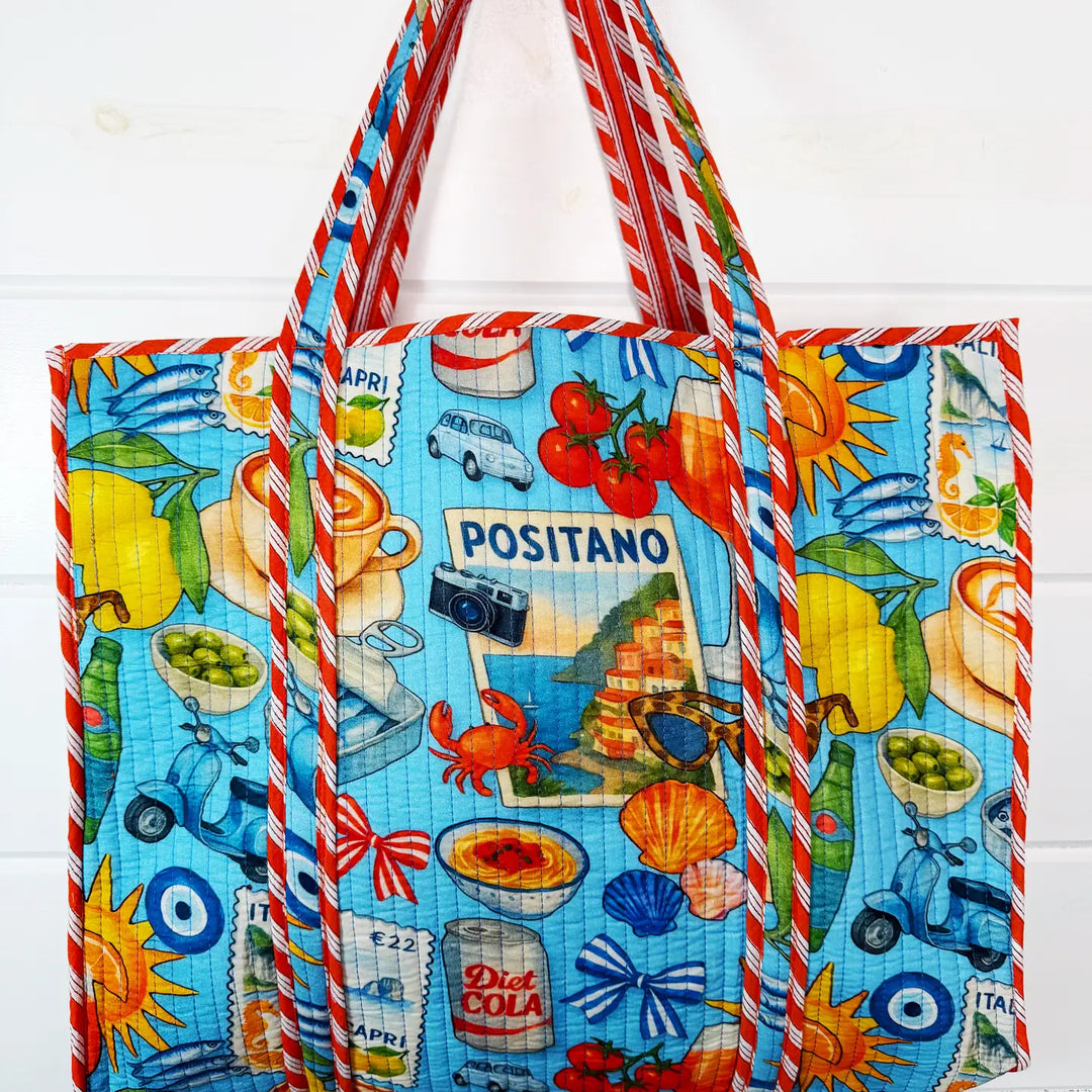 Large Reversible Quilted Tote Bag - Blue Italian Getaway by Folklore Couture