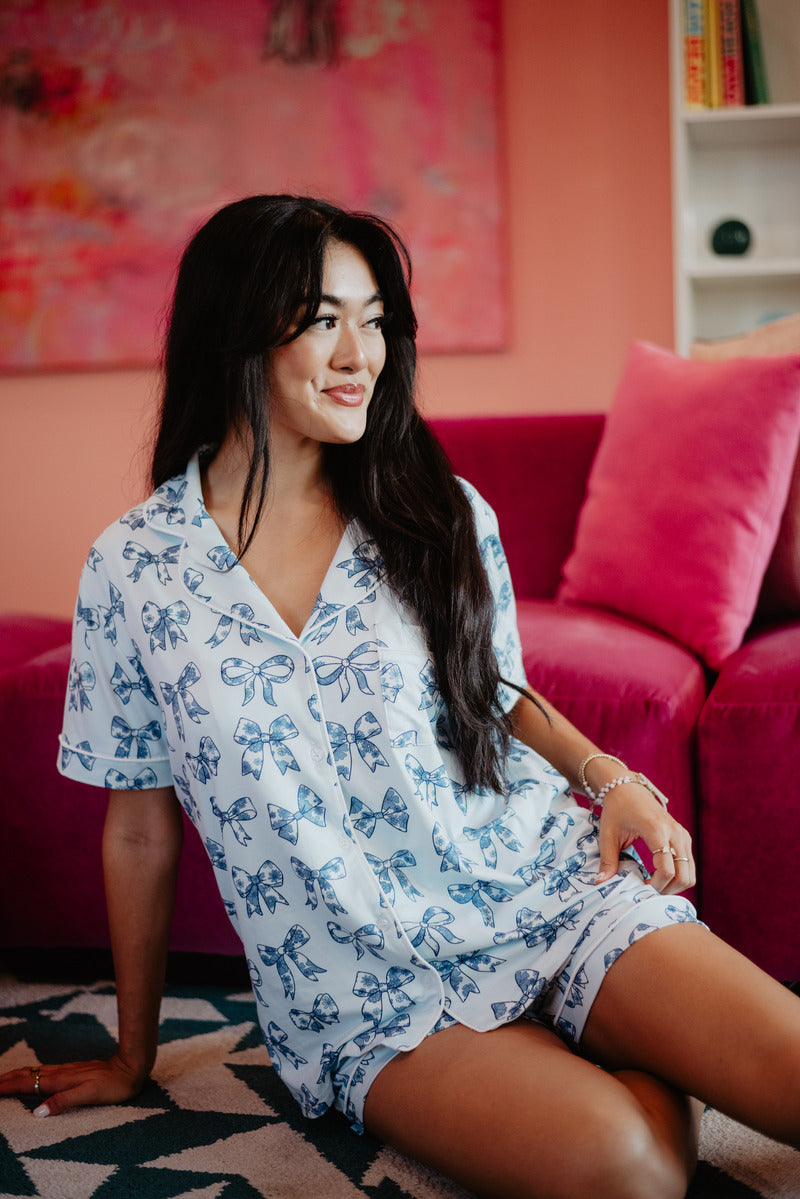 Light Blue Toile Coquette Bows Lounge PJ Set By Katydid