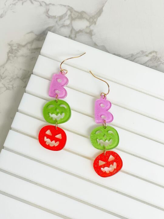 Glitter 'Boo' Pumpkin Dangle Earrings
