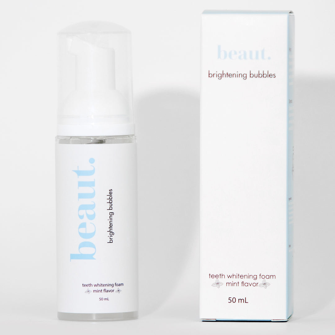 Beaut. Brightening Bubbles teeth whitening foam in mint flavor, 50mL, shown in a clear pump bottle beside its white retail box on a white background.