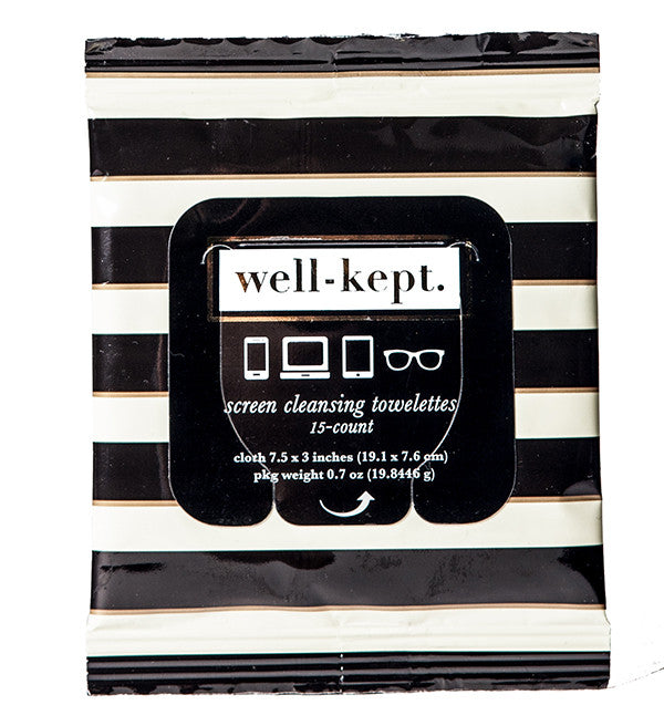 BUCKHEAD screen cleaning wipes come in a stylish black-and-white striped package with device icons—perfect for keeping all your electronics spotless.