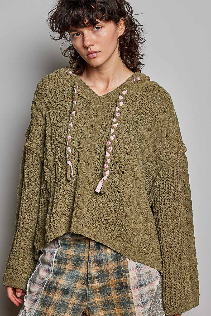 Chunky Hooded Cable Knit Pullover Sweater - Moss Khaki by POL