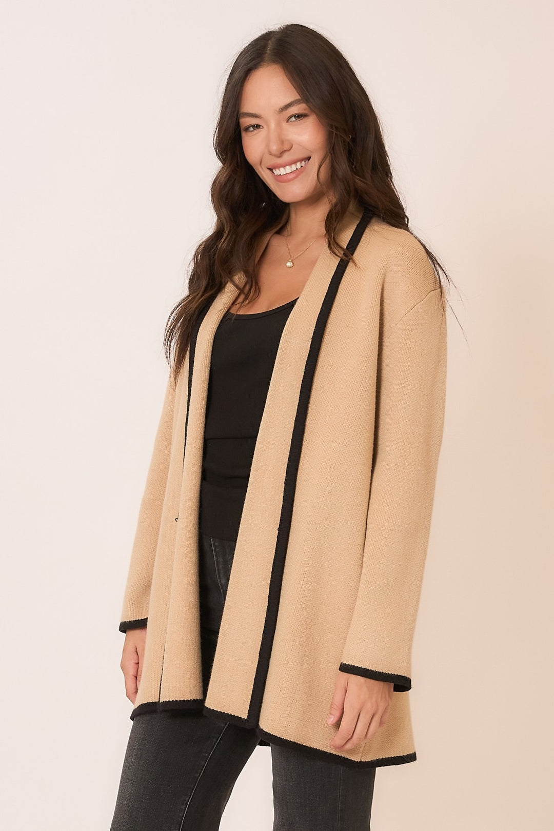 Contrast Hem Stripe Heavy Knit Cardigan - Taupe/Black by Cozy Co
