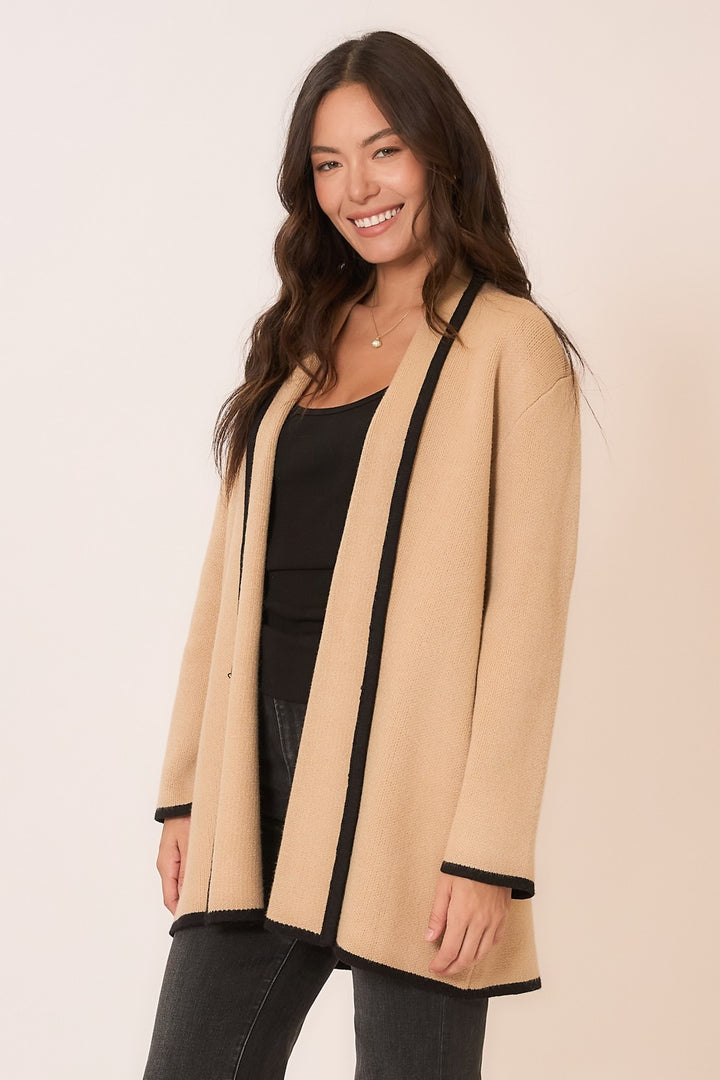 Contrast Hem Stripe Heavy Knit Cardigan - Taupe/Black by Cozy Co