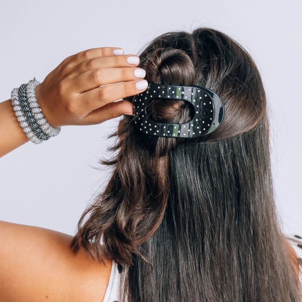 Medium Teleties Flat Oval Clip - Black Polka Dot Party (Ships Next Week)