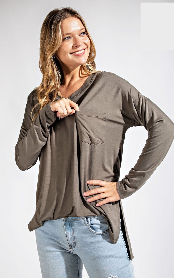 Final Sale: Basic Long Sleeve Pocket Top  by Rae Mode - Olive