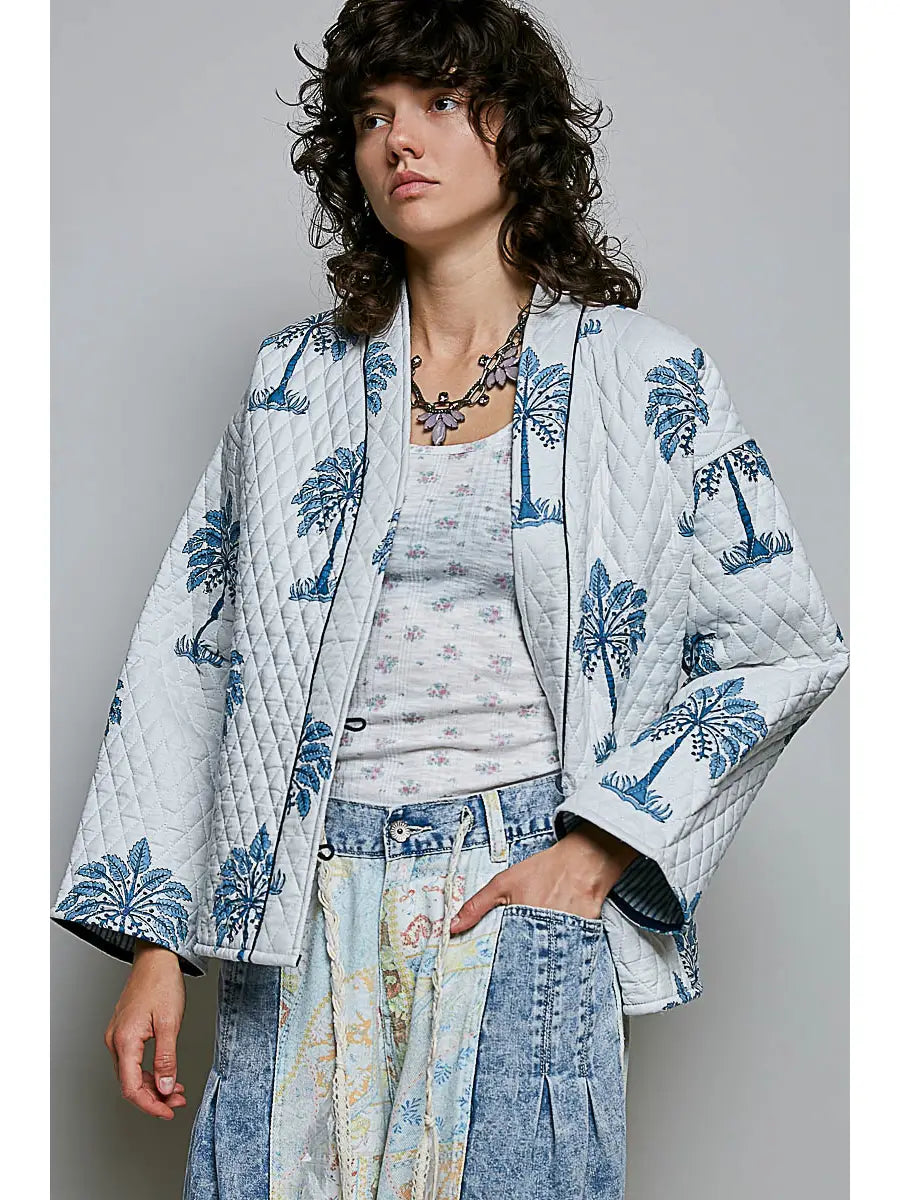 Palm Print Diamond Quilted Kimono Jacket - Ivory by POL