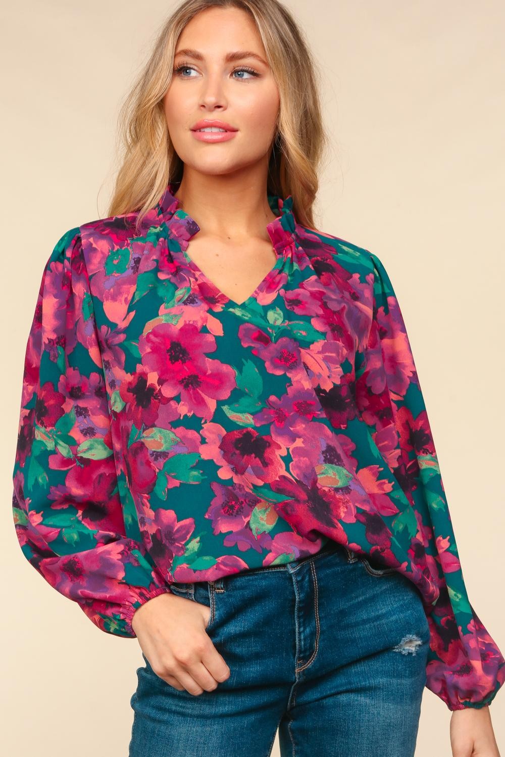 Watercolor Floral Bubble Sleeve Top