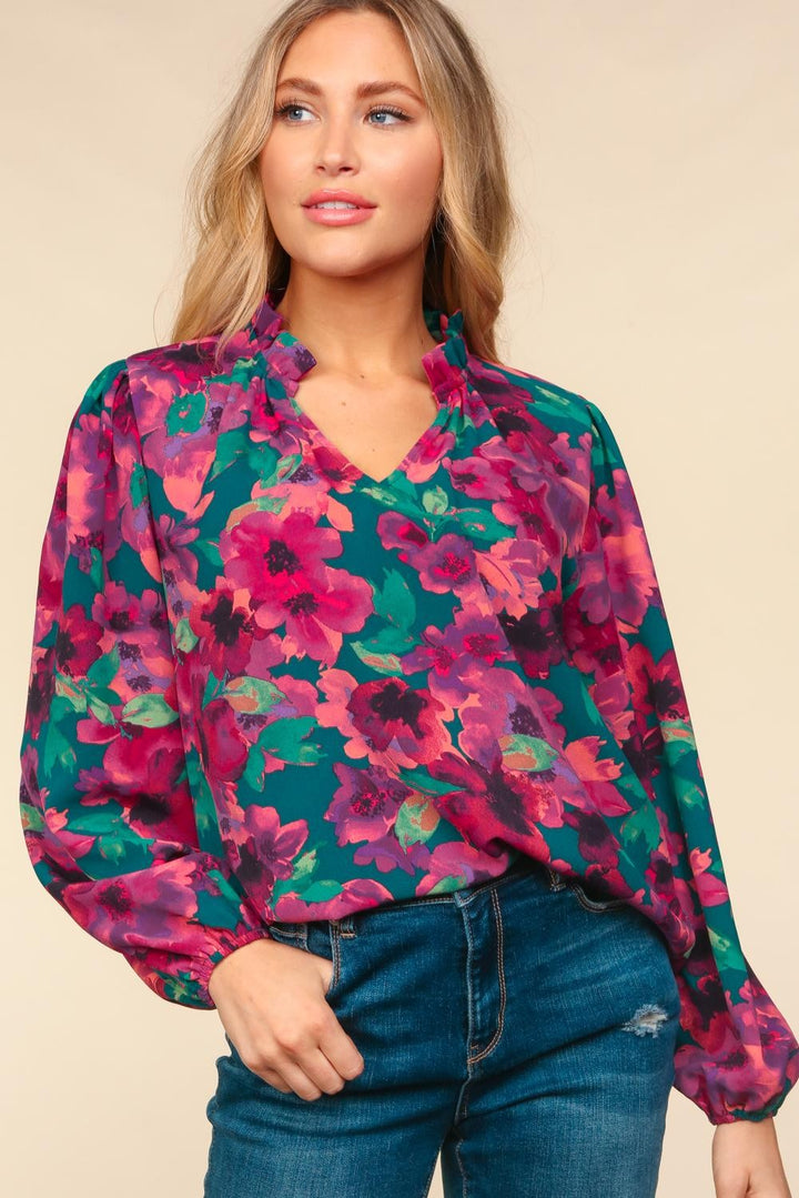 Watercolor Floral Bubble Sleeve Top