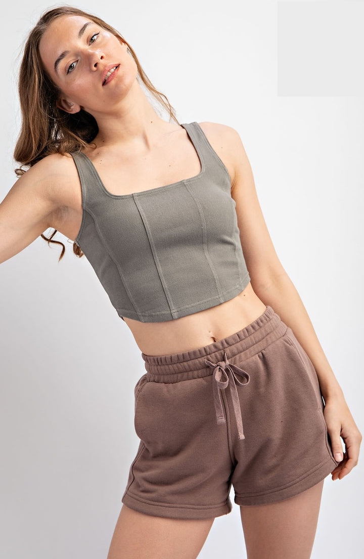 Final Sale: Cotton Stretch Twill Square Neck Crop Top by Rae Mode - Dusty Olive