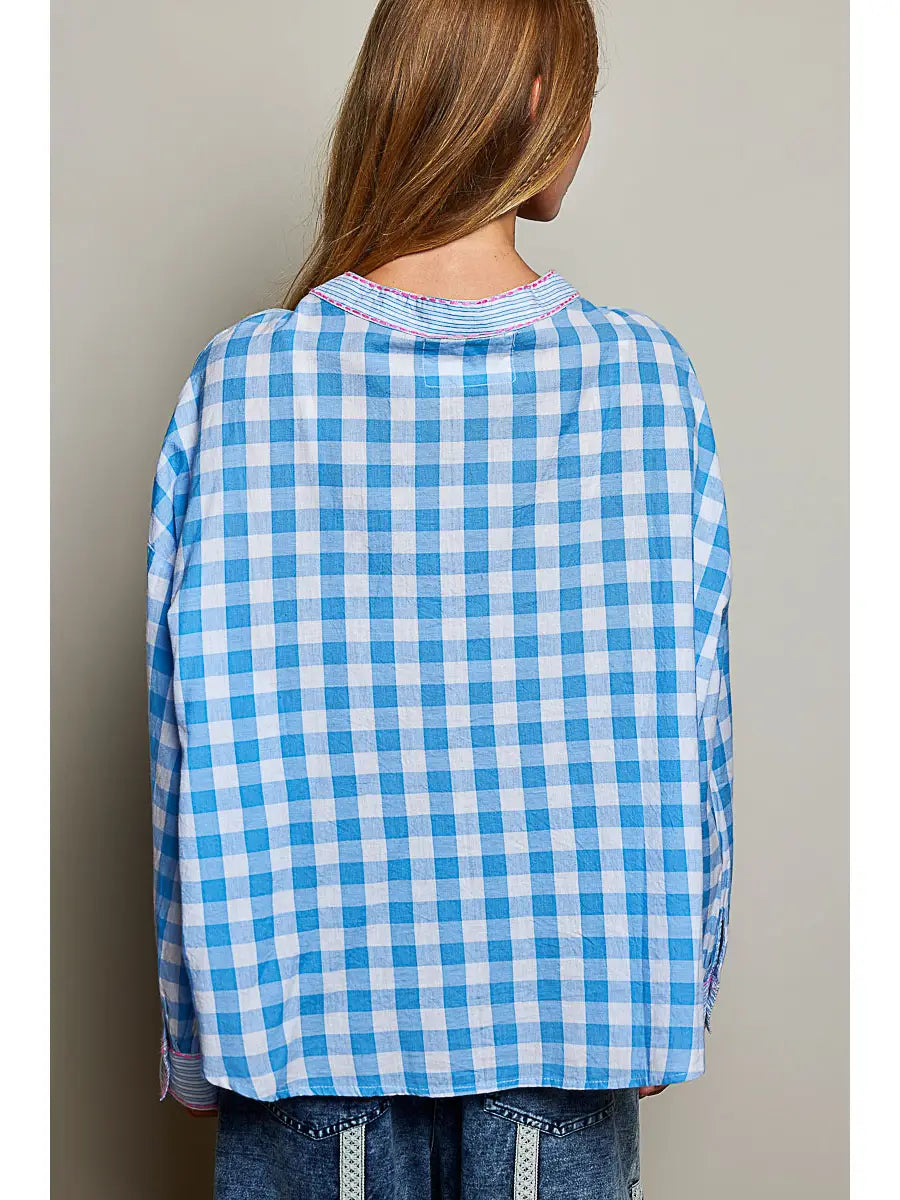 Palm-Tree Embroidery Plaid Blouse Top - Blue by POL