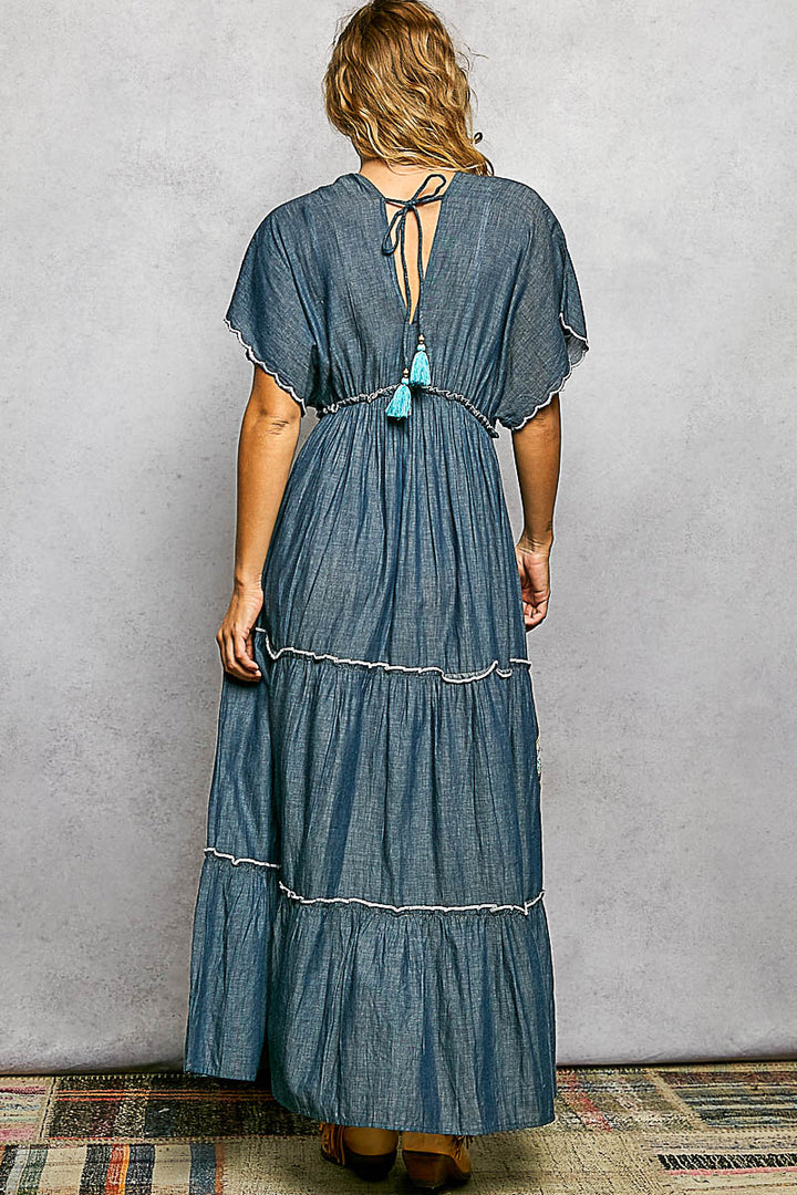 Embroidered Neck Loop Deep V-Neck Maxi Dress - Deep Denim by POL