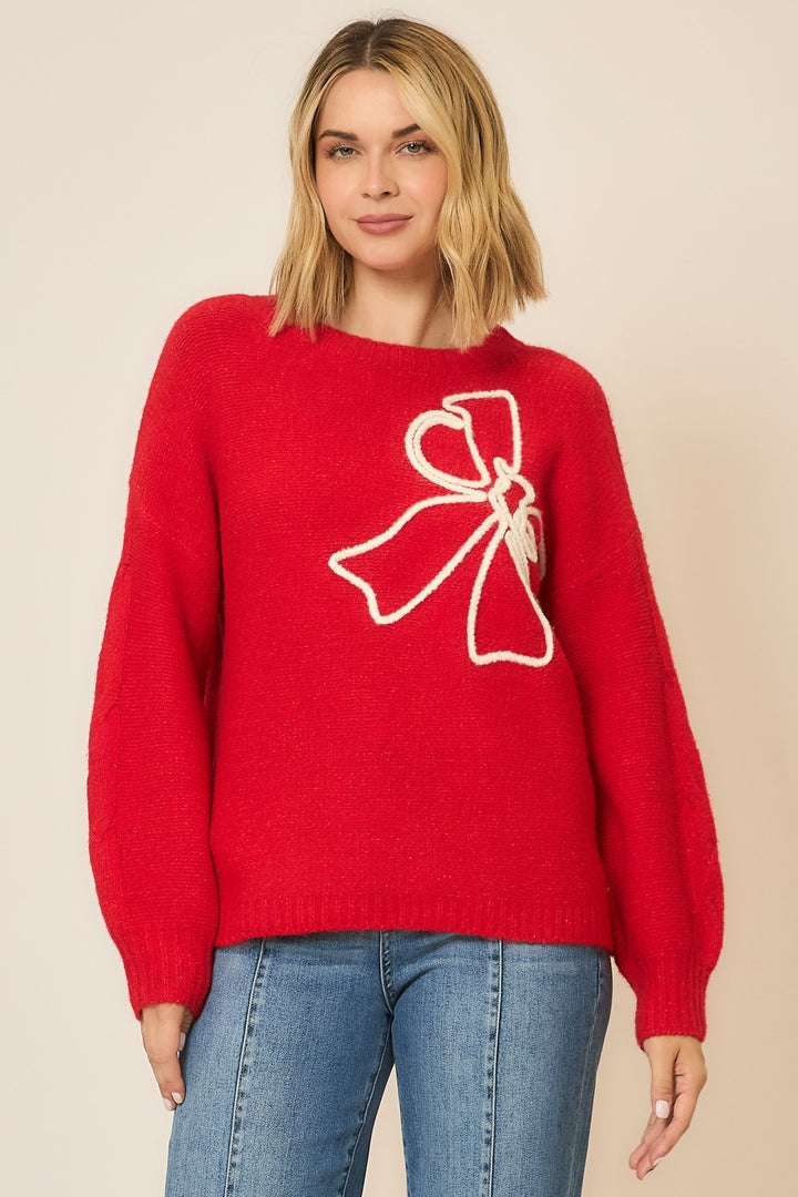 Brushed Embroidered Bow Sweater - Red by Cozy Co