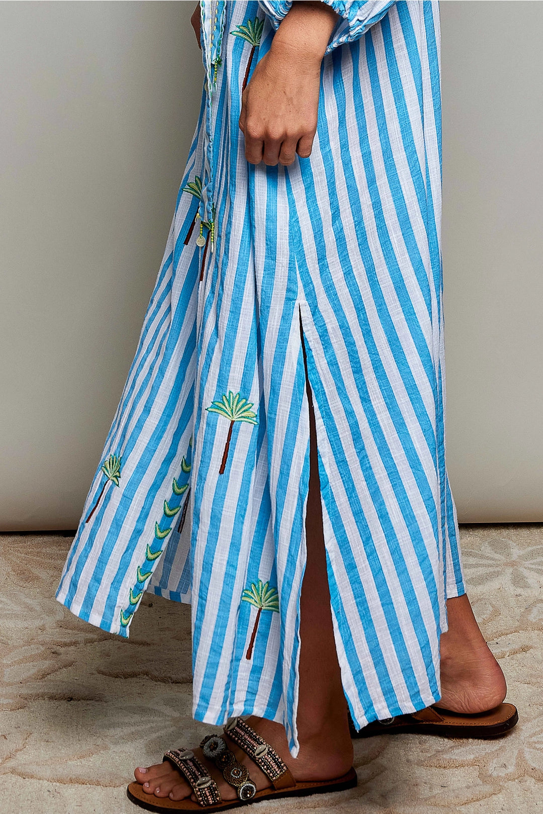 Palm Tree Embroidery Lightweight Striped Maxi Dress - Blue by POL