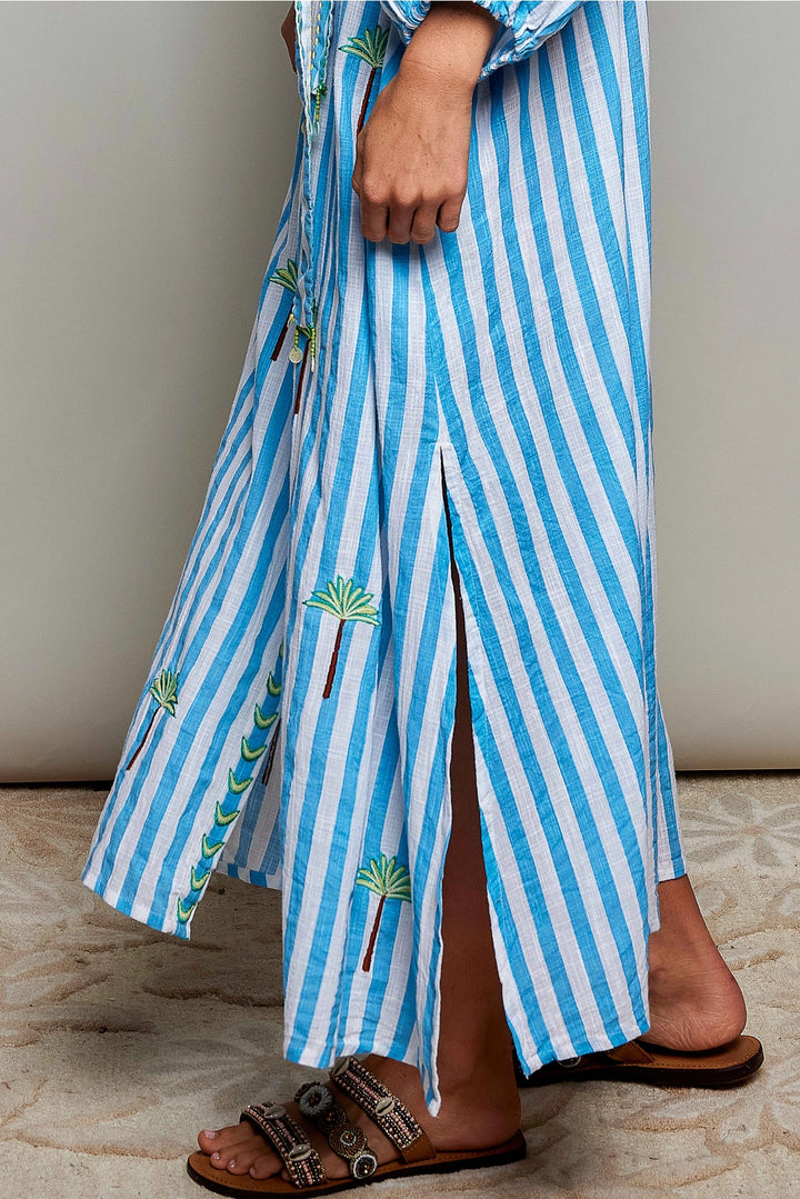 Palm Tree Embroidery Lightweight Striped Maxi Dress - Blue by POL