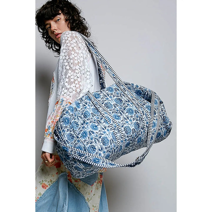 Blue Floral Quilted Duffle Tote by POL