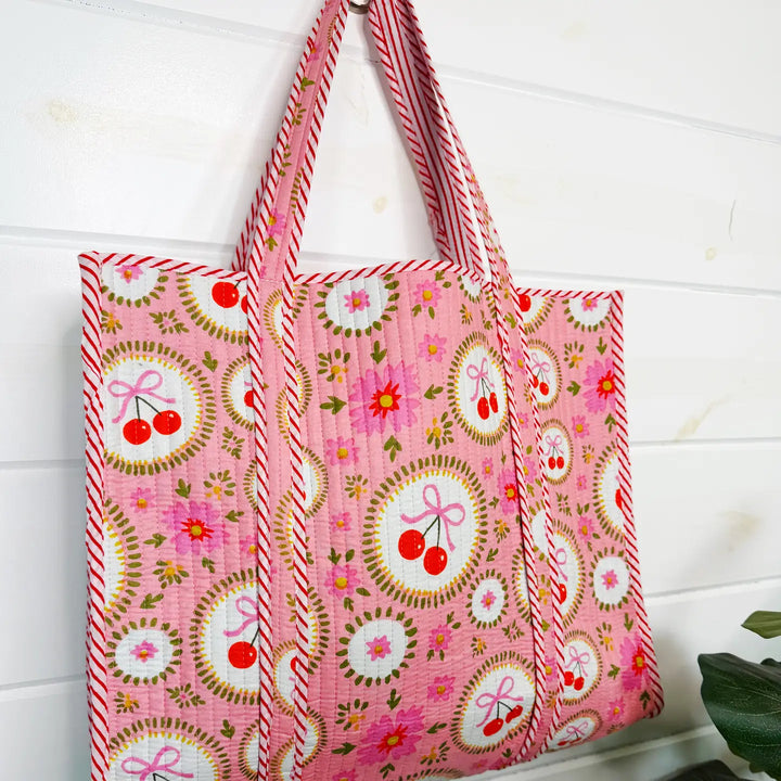 Large Reversible Quilted Tote Bag - Pink Cherries & Bows by Folklore Couture