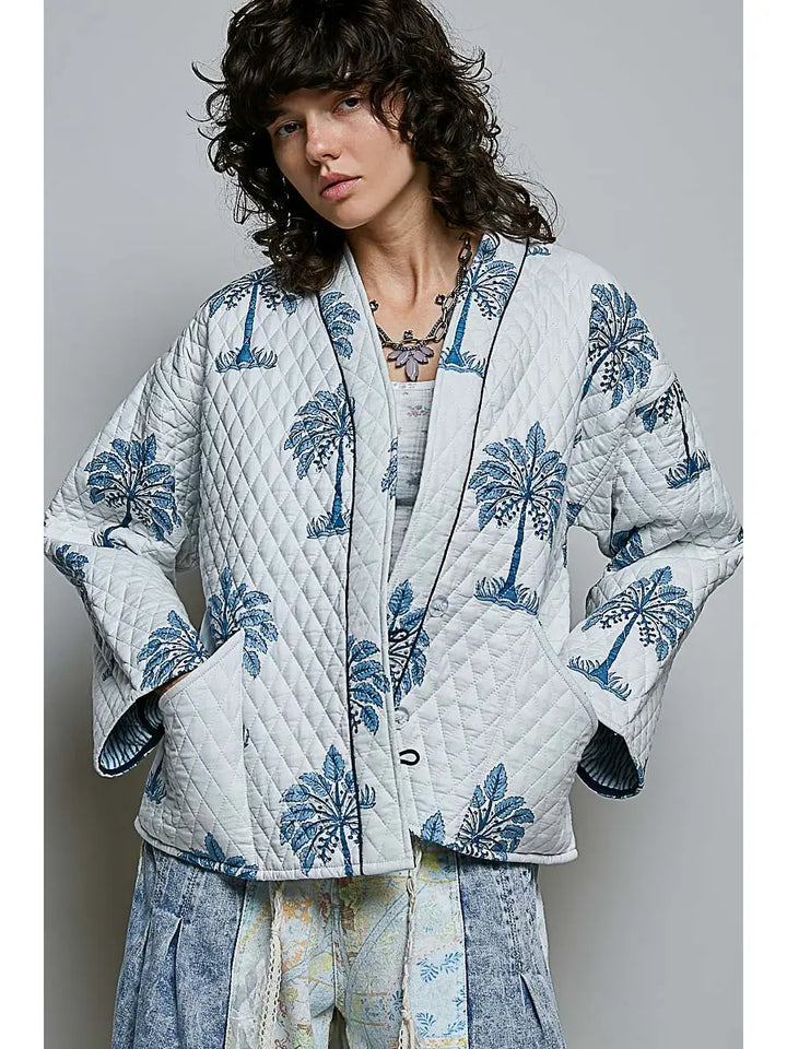 Palm Print Diamond Quilted Kimono Jacket - Ivory by POL