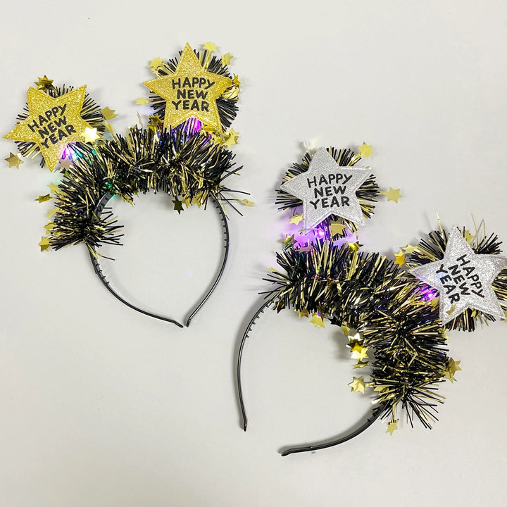 'Happy New Year' Star Glitter Light-Up Gold & Black Headband