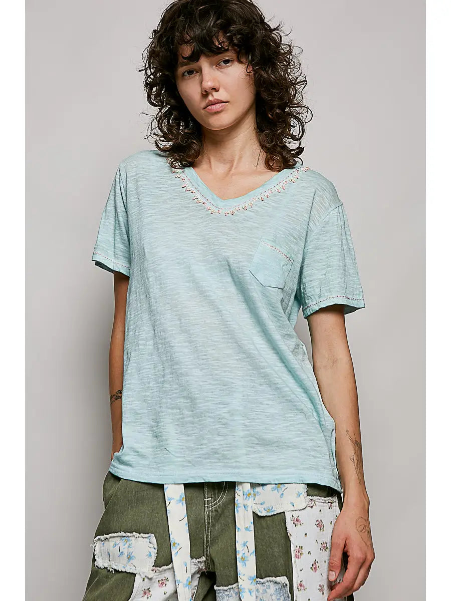 Stitched-Detail V-Neck Tee - Aqua by POL