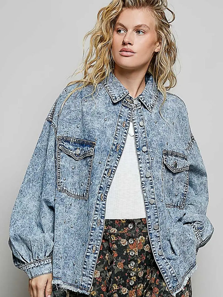 Studded Oversized Utility Denim Jacket by POL