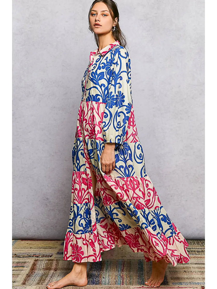 Button-Front Bold Colorful Maxi Dress - Pink & Blue by POL