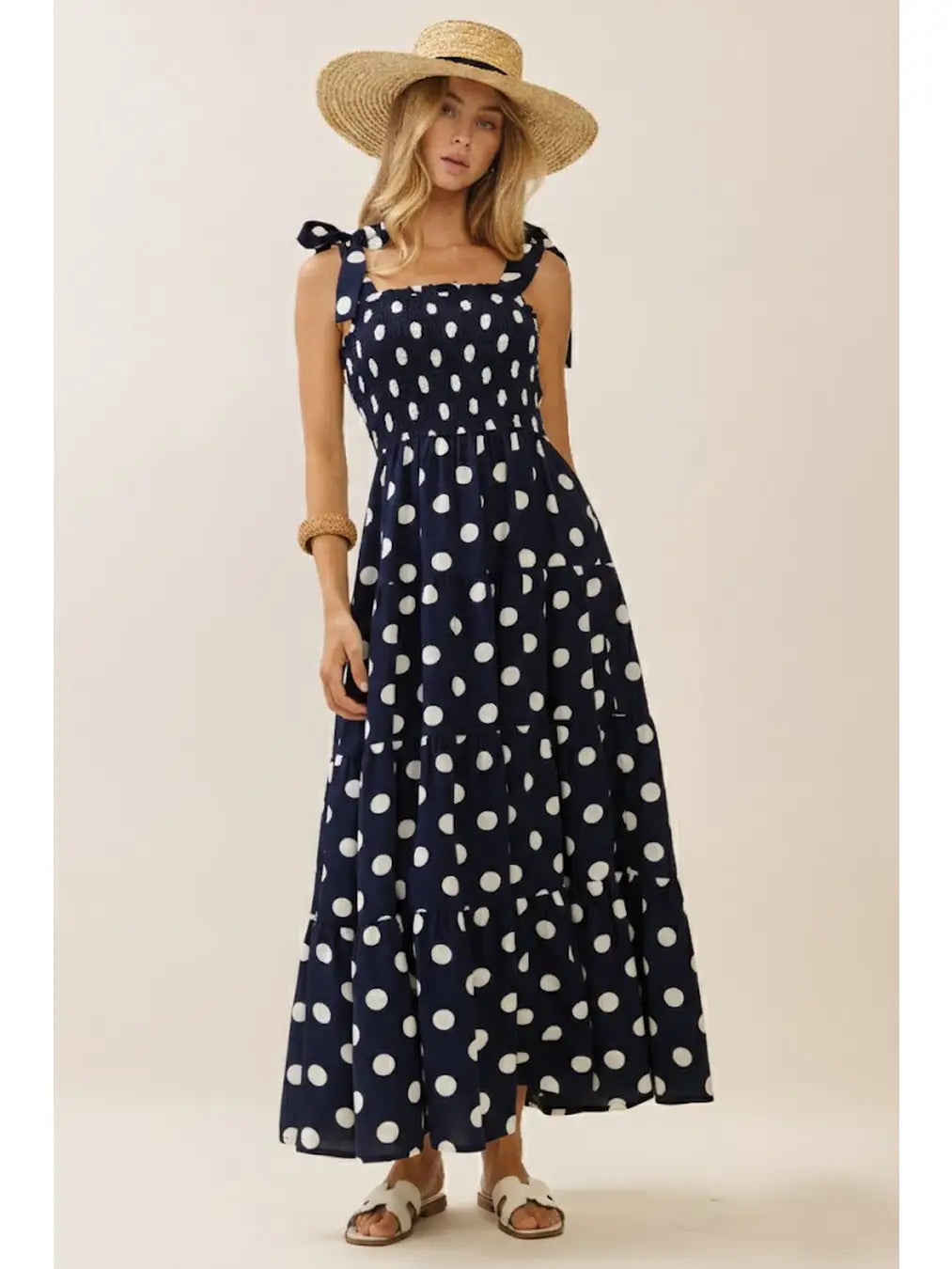 Polka Dot Sleeveless Tired Smocked Midi Dress - Navy & White by Oddi