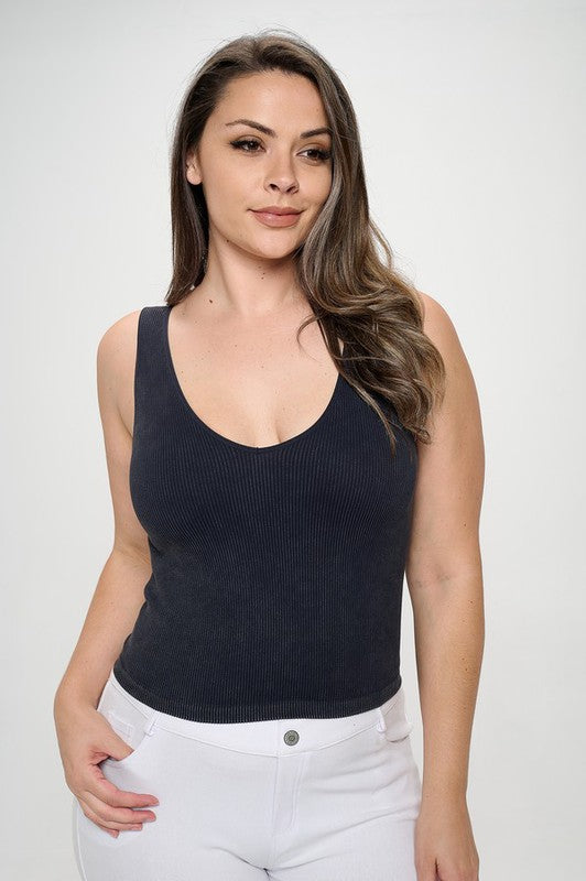 Seamless Reversible Stonewashed Ribbed Tank Top - Black by Yelete