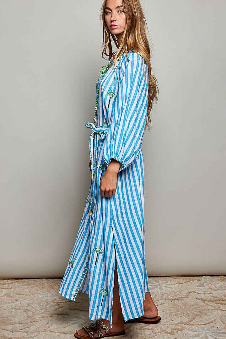 Palm Tree Embroidery Lightweight Striped Maxi Dress - Blue by POL