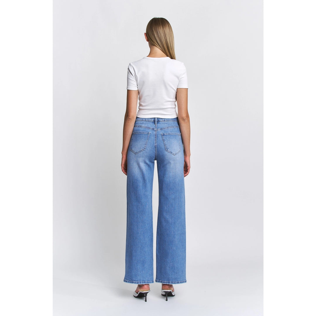 Bluish High Rise Wide Leg Bow-Embellished Denim Pants By Mica Denim
