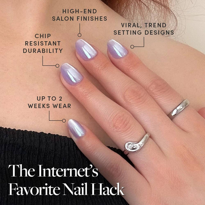Glamnetic Mermaid's Tail Press-On Nails feature callout image highlighting chip resistant durability, high-end salon finishes, viral trend-setting designs, and up to 2 weeks wear, with text reading 'The Internet's Favorite Nail Hack