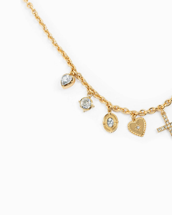 Cross Heart Stone Multi Charm Necklace