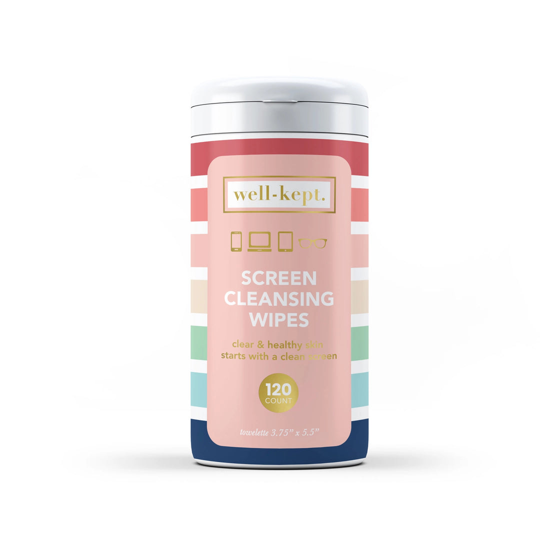Well-Kept Screen Cleansing Wipes 120-count canister with multicolor stripe label in pink, red, cream, sage, and navy with gold branding on white background