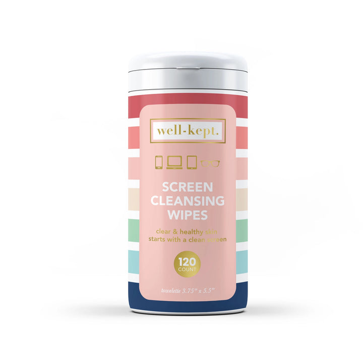 Well-Kept Screen Cleansing Wipes 120-count canister with multicolor stripe label in pink, red, cream, sage, and navy with gold branding on white background