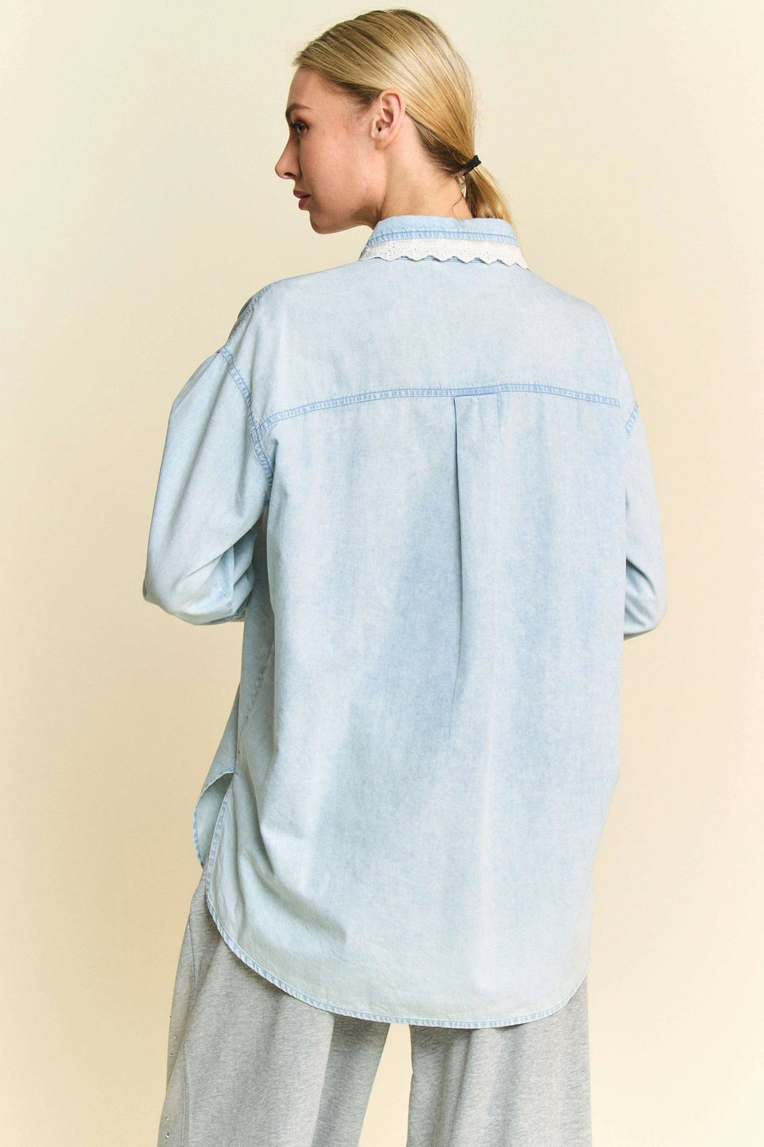 Lace Edge Chambray Button-Up Shirt by Davi & Dani