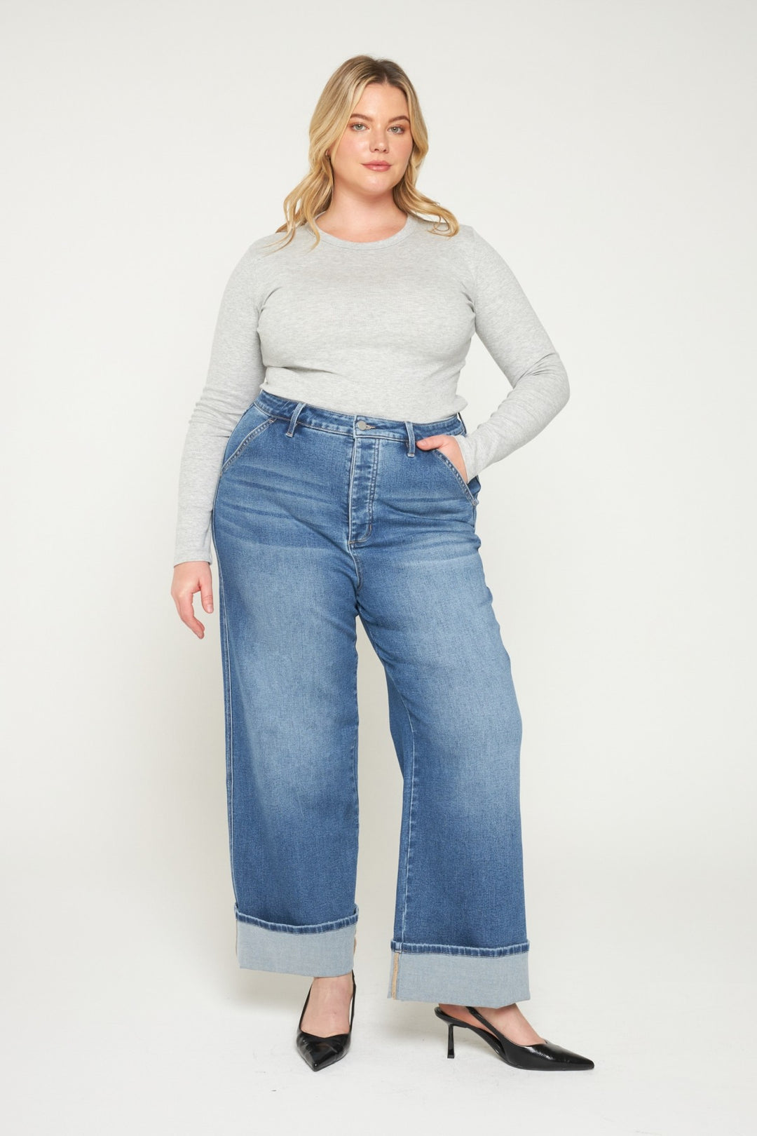 Every Bleu Super High Rise Wide Cuffed Leg Jeans By Mica Denim