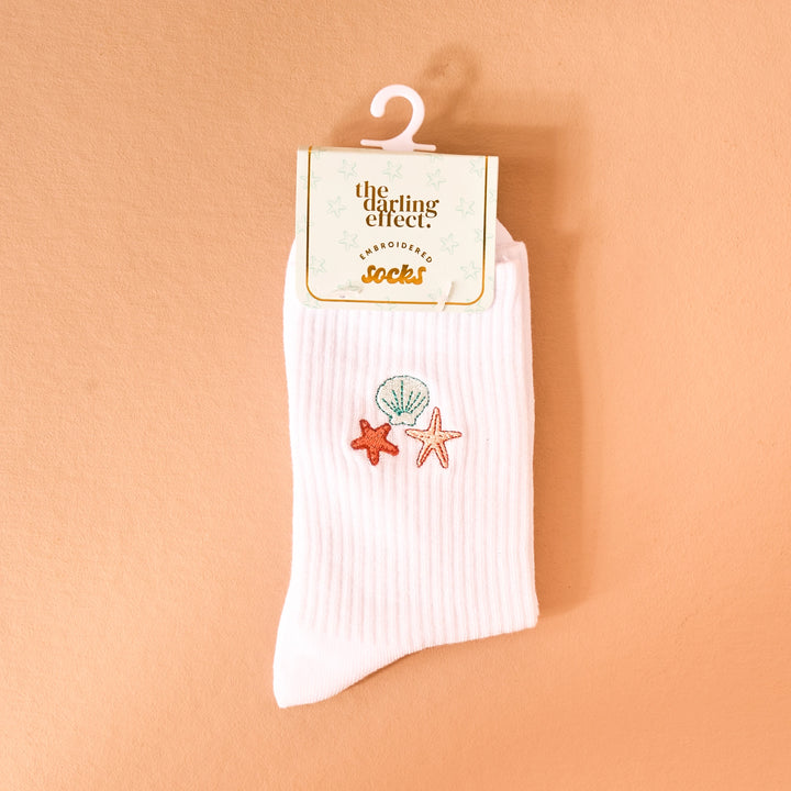 Embroidered Crew Socks - Seashells by the Darling Effect
